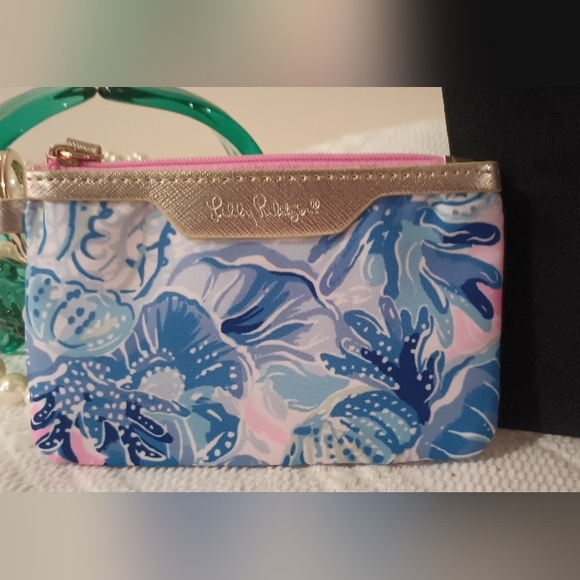 NEW Lilly Pulitzer ID Case Shade Seekers Coin Purse Keychain Gold Trim Pink Blue - Picture 5 of 15